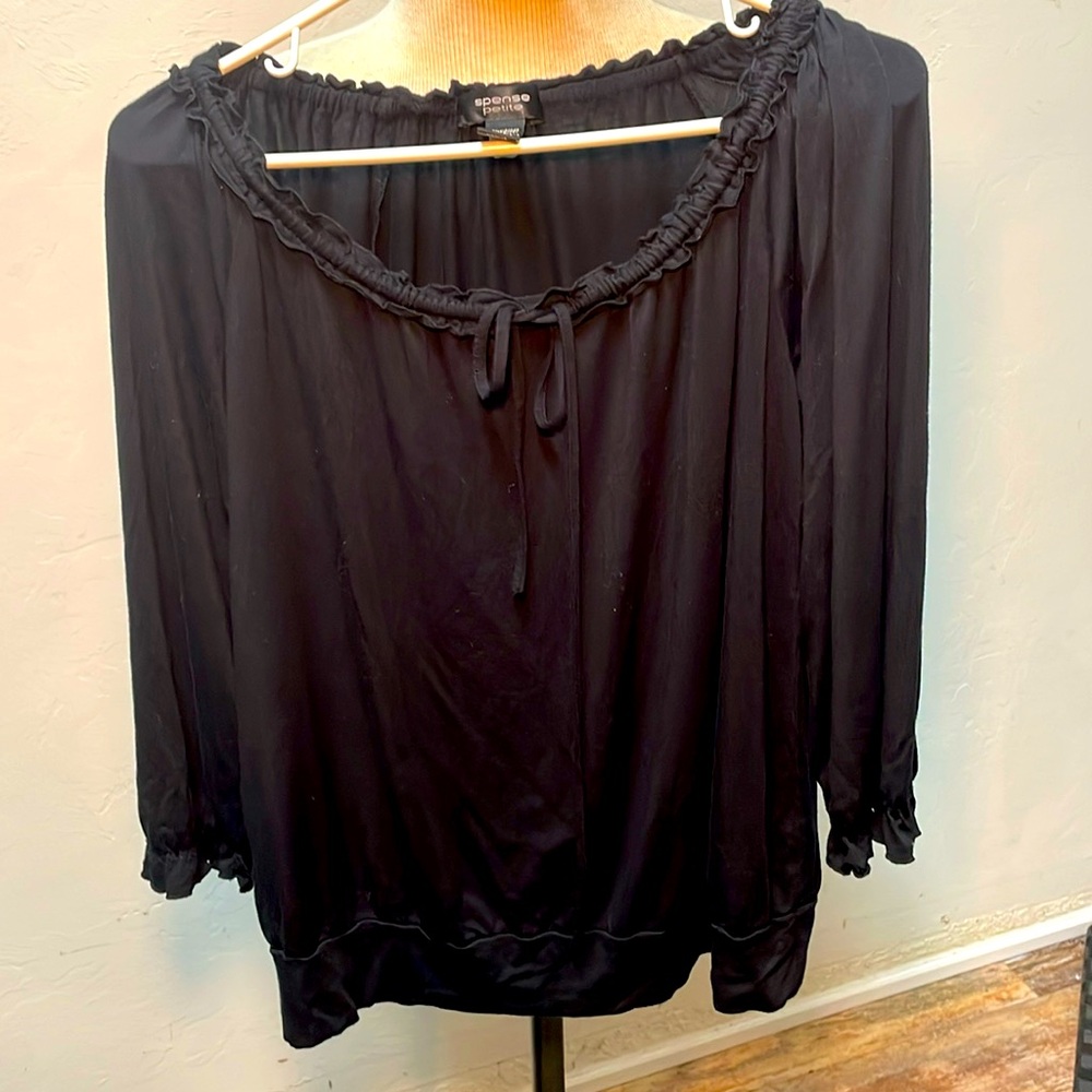 Spense Petite large black blouse with quarter sleeves, tie neckline